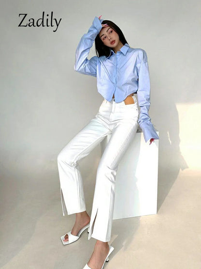 Zadily 2023 primavera estilo coreano camisa blanca de manga larga mujeres Sexy botón señoras Crop Tops blusa calle nueva en ropa femenina