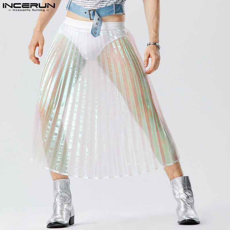 INCERUN-faldas plisadas para hombre, pantalones Unisex holgados transparentes con cintura elástica brillante, ropa de calle plisada a la moda, 2023