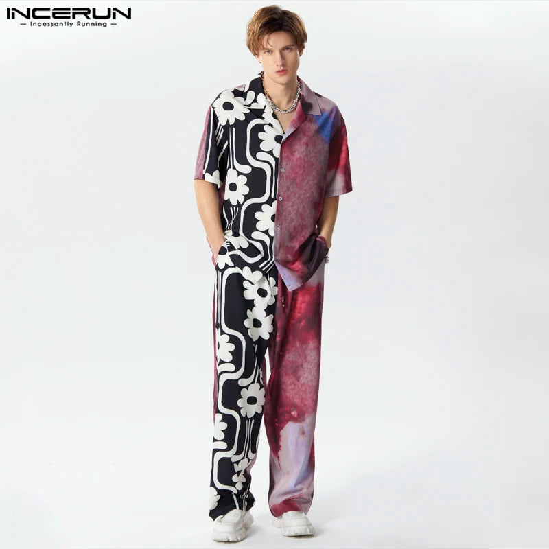 2024 Men Sets Printing Patchwork Loose Lapel Short Sleeve Shirt & Pants Two Pieces Sets Streetwear Fashion Men's Suits INCERUN