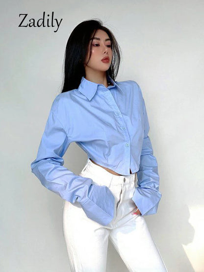 Zadily 2023 primavera estilo coreano camisa blanca de manga larga mujeres Sexy botón señoras Crop Tops blusa calle nueva en ropa femenina