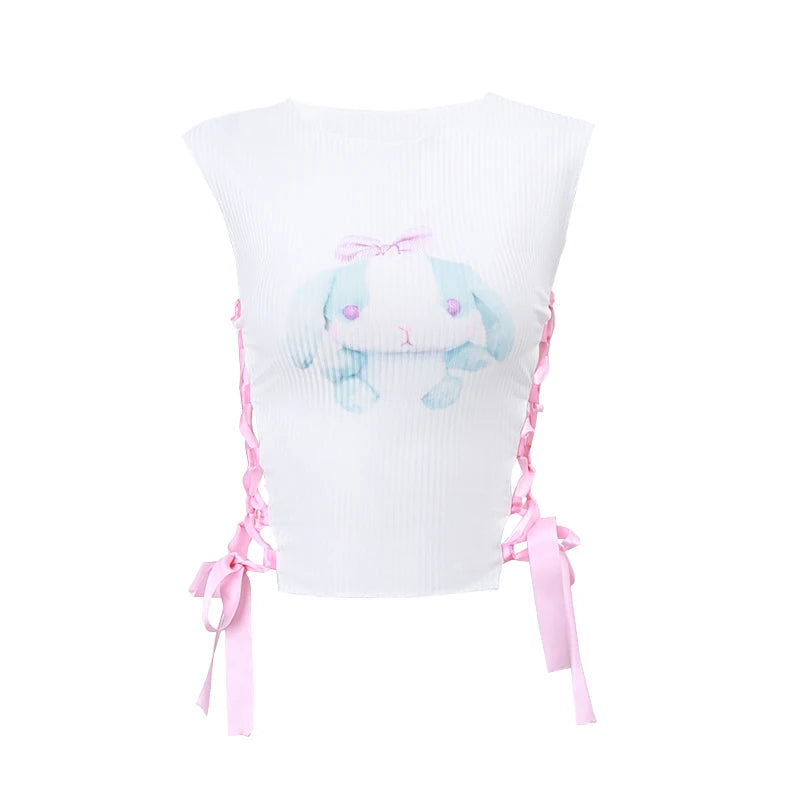 WhereMery-Camiseta sin mangas con vendaje cruzado lateral para mujer, Top corto sin mangas con gráfico de dibujos animados Kawaii Y2K, corsés blancos con cuello redondo 2023