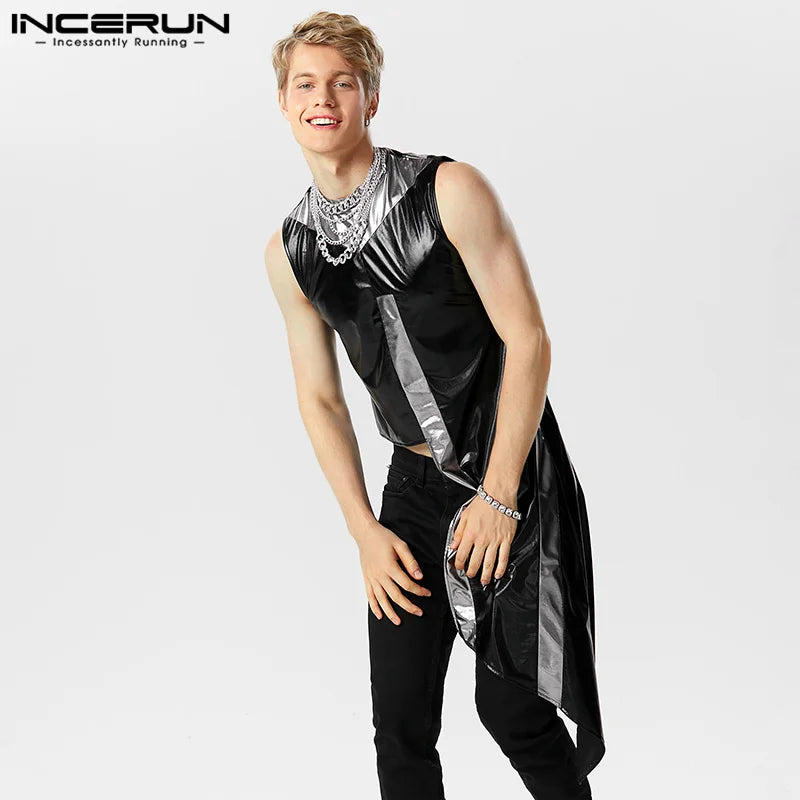 2023 Men Tank Tops Patchwork Sparkling O-neck Sleeveless Irregular Vests Party Streetwear Fashion Men Clothing INCERUN S-3XL