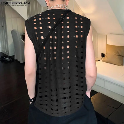 2023 Men Tank Tops Hollow Out Zipper O-neck Sleeveless Streetwear Sexy Casual Vests Korean Fashion Men Clothing S-5XL INCERUN