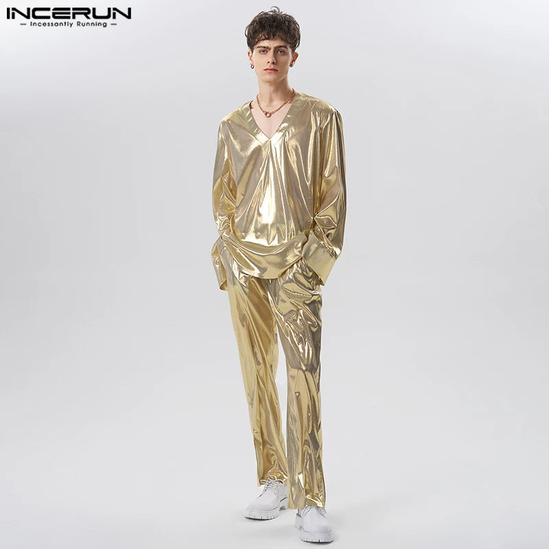 2023 Men Sets Shiny Streetwear V Neck Long Sleeve T Shirt & Pants Two Pieces Sets Loose Party Fashion Men's Suits S-5XL INCERUN