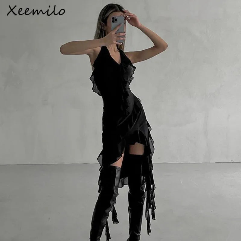 Xeemilo-Vestido de hadas de malla con volantes, Sexy, estético, escote en V profundo, vestidos por debajo de la rodilla irregulares de verano 2023, trajes de fiesta en la playa, Vestido de mujer