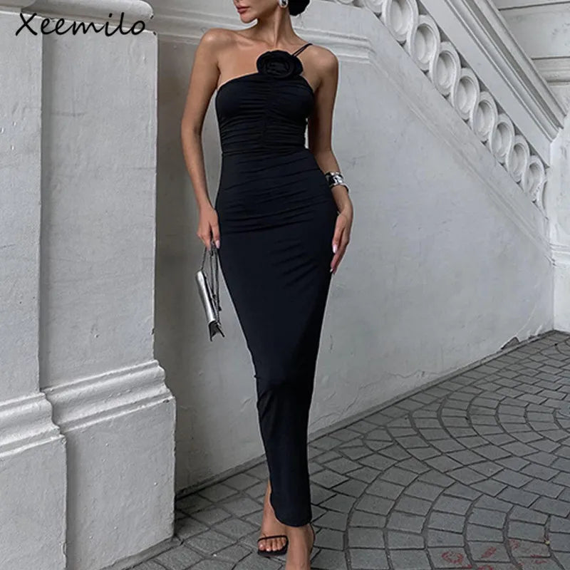 Xeemilo-vestido negro elegante sin mangas, ajustado, estético, con tirantes oblicuos, Espalda descubierta, vestidos de graduación, vestido ajustado francés Retro para fiesta de noche