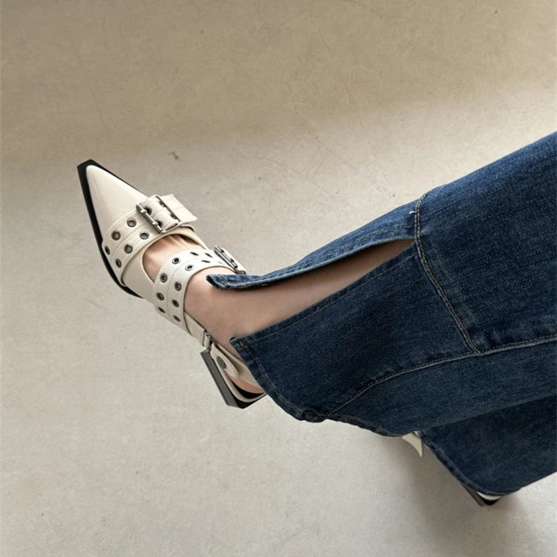 Escarpins Punk à bout pointu et talon épais pour femmes, sandales à boucle peu profonde, design à la mode rétro, chaussures de soirée Slingback, automne