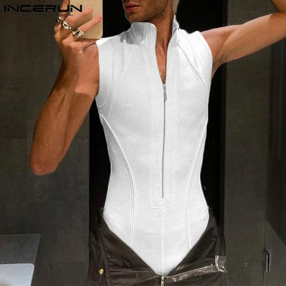 INCERUN – body à revers sans manches pour hommes, Streetwear, fermeture éclair, Fitness, barboteuse, débardeur, couleur unie, Sexy, 2023, S-5XL