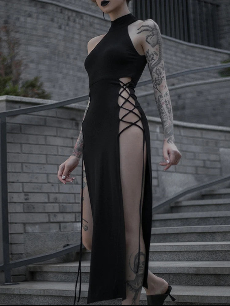 Goth Dark – robe à bandes Sexy pour femmes, Cosplay, fente haute, Y2K, centre commercial, gothique, col licou, Slim, mi-longue, noir, Style Grunge, vêtements de fête Alt