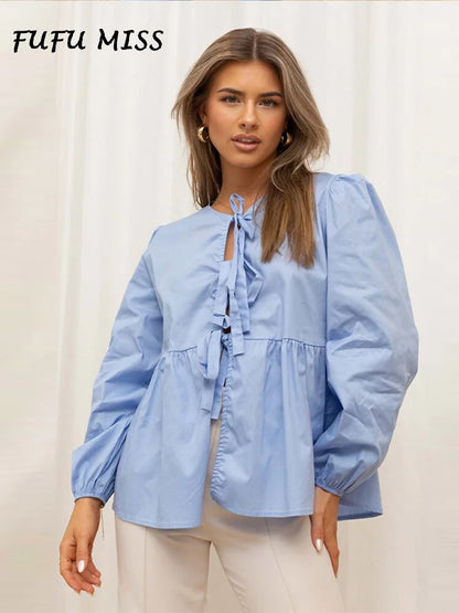 Chemise à lacets avec nœud papillon pour femmes, plis, couleur unie, manches longues bouffantes, chemisiers ajourés à col rond, été 2024, hauts à la mode