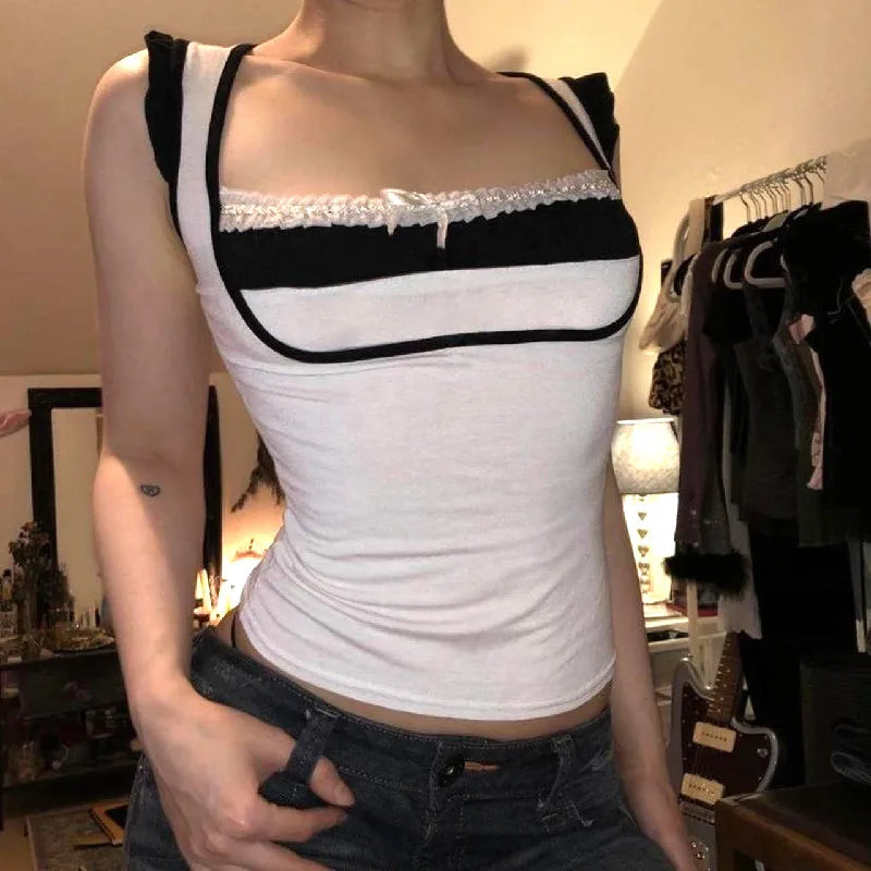 Wheremery Y2K-Camiseta sin mangas ajustada de encaje con retazos, Tops cortos sexys con cuello cuadrado y hombros descubiertos, camisola elegante ajustada de verano 2023