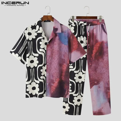 2024 Men Sets Printing Patchwork Loose Lapel Short Sleeve Shirt & Pants Two Pieces Sets Streetwear Fashion Men's Suits INCERUN