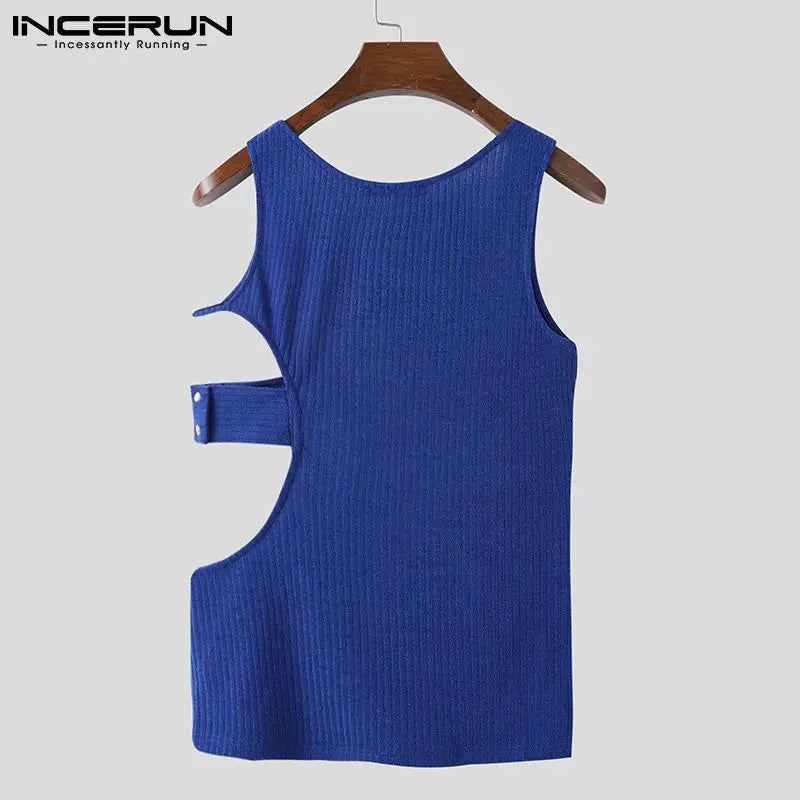 2023 Men Tank Tops Solid Color O-neck Sleeveless Streetwear Hollow Out Irregular Vests Skinny Fashion Sexy Men Clothes INCERUN 7