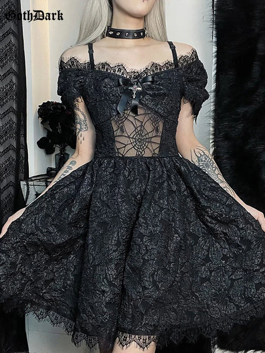 Goth Dark – robe trapèze gothique en maille transparente, Sexy, Harajuku Grunge, Jacquard, ourlet en dentelle, vêtements de fête, robe Lolita mignonne pour femmes