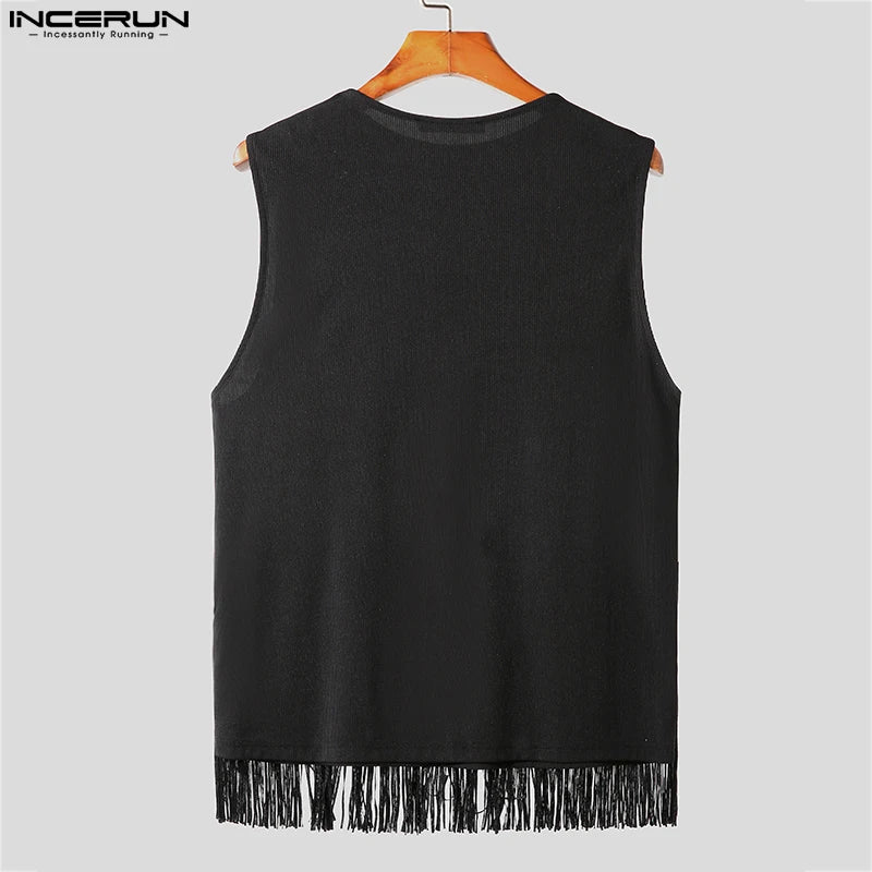 2023 Men Tank Tops Tassel O-neck Sleeveless Summer Streetwear Male Vests Korean Style Fashion Casual Men Clothing S-5XL INCERUN