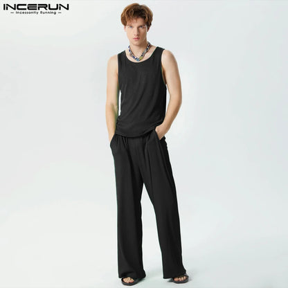 2024 Men Sets Solid Loose Streetwear O-neck Sleeveless Tank Tops & Pants Two Pieces Sets Fashion Men Casual Suits S-5XL INCERUN