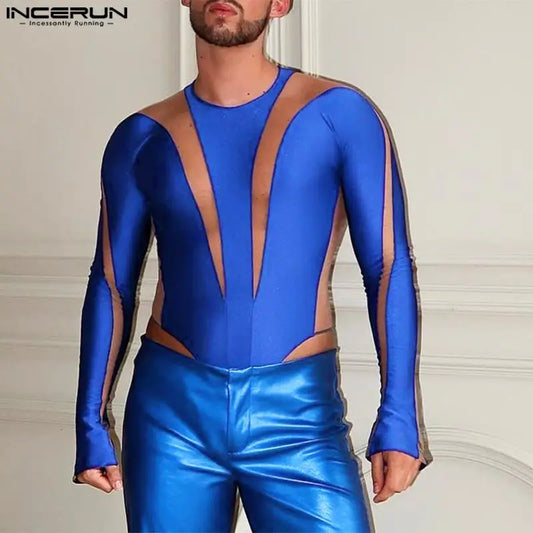 Body en maille Patchwork pour hommes, Transparent, col rond, Streetwear, manches longues, barboteuse, Fitness, Sexy, mode, INCERUN, 2023