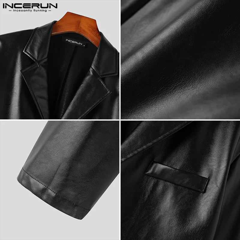 Blazer en cuir PU pour hommes, couleur unie, revers, manches longues, Streetwear, un bouton, manteaux fins, costumes décontractés 5XL, INCERUN 7, 2023