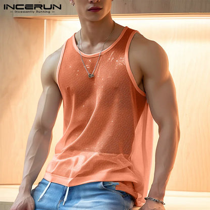 2023 Men Tank Tops Solid O-neck Sleeve Mesh Sexy Vests Streetwear Fashion Party Transparent Casual Men Clothing S-5XL INCERUN