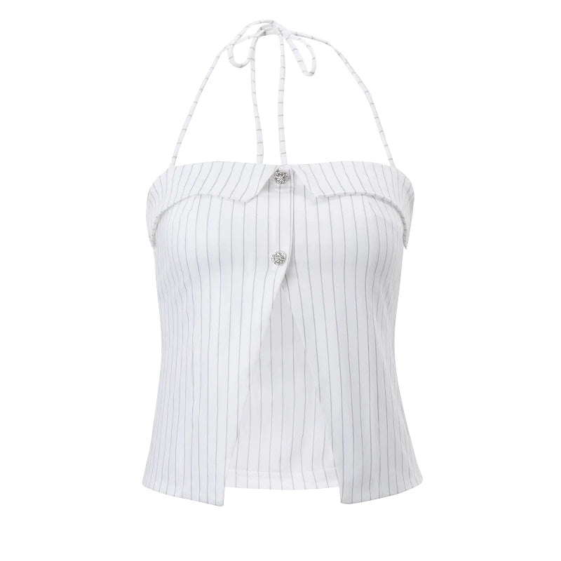 Xeemilo Y2K-Camiseta sin mangas a rayas con cuello Halter, cárdigan elegante con botones y hombros descubiertos, Tops cortos, traje Sexy de verano para mujer, camisola ajustada