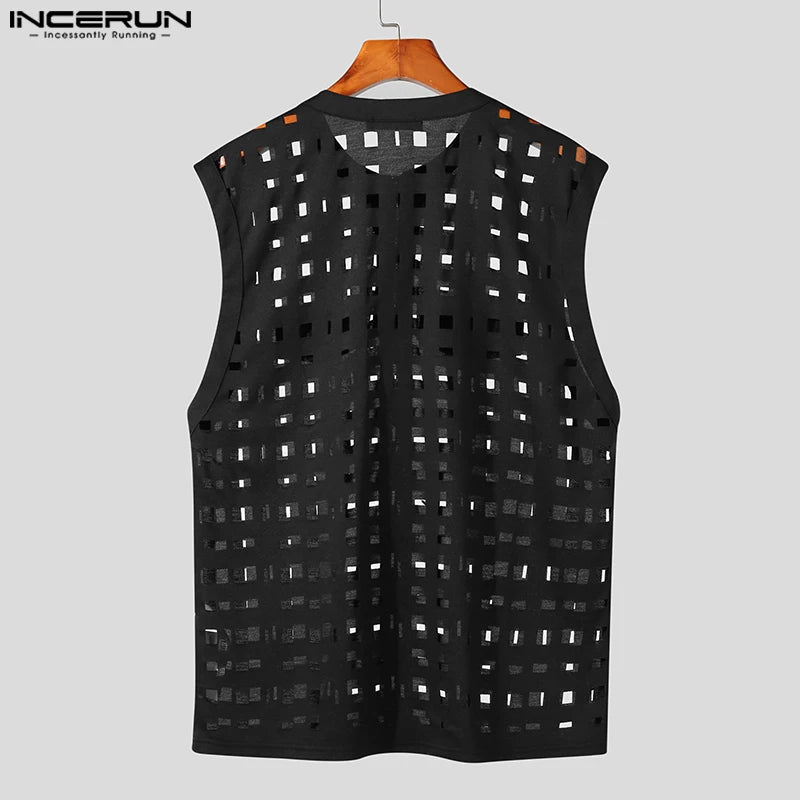 2023 Men Tank Tops Hollow Out Zipper O-neck Sleeveless Streetwear Sexy Casual Vests Korean Fashion Men Clothing S-5XL INCERUN