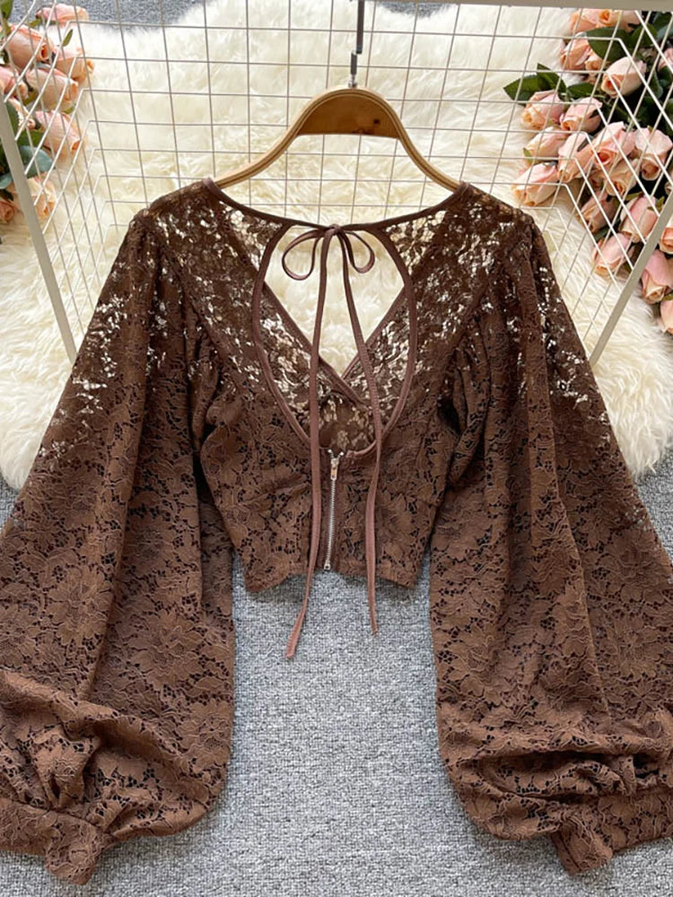 Autumn Black/White/Brown Sexy Lace Blouse Women Elegant V-Neck Puff Long Sleeve Open Back Short Tops Female Party Blusas 2021