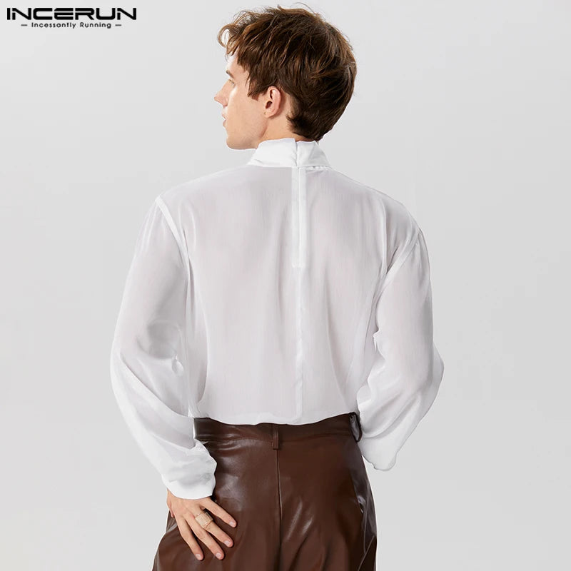 INCERUN-camisa de manga larga con cuello levantado para hombre, ropa de calle de Color sólido con cordones, transparente, a la moda, S-5XL, 2023