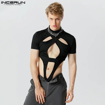 Monos lisos de cuello alto para hombre, peleles de manga corta calados, ropa de calle sexi, monos de moda, camisetas INCERUN 7 2023