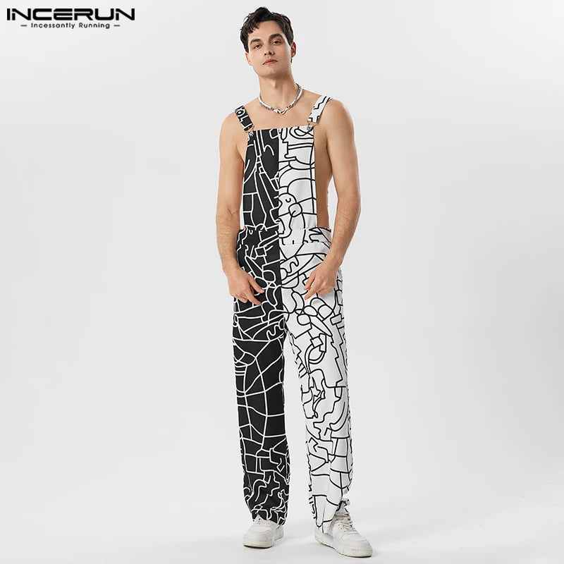 2023 Men Jumpsuits Print Patchwork Sleeveless Streetwear Summer Suspenders Rompers Fashion Male Straps Overalls S-5XL INCERUN