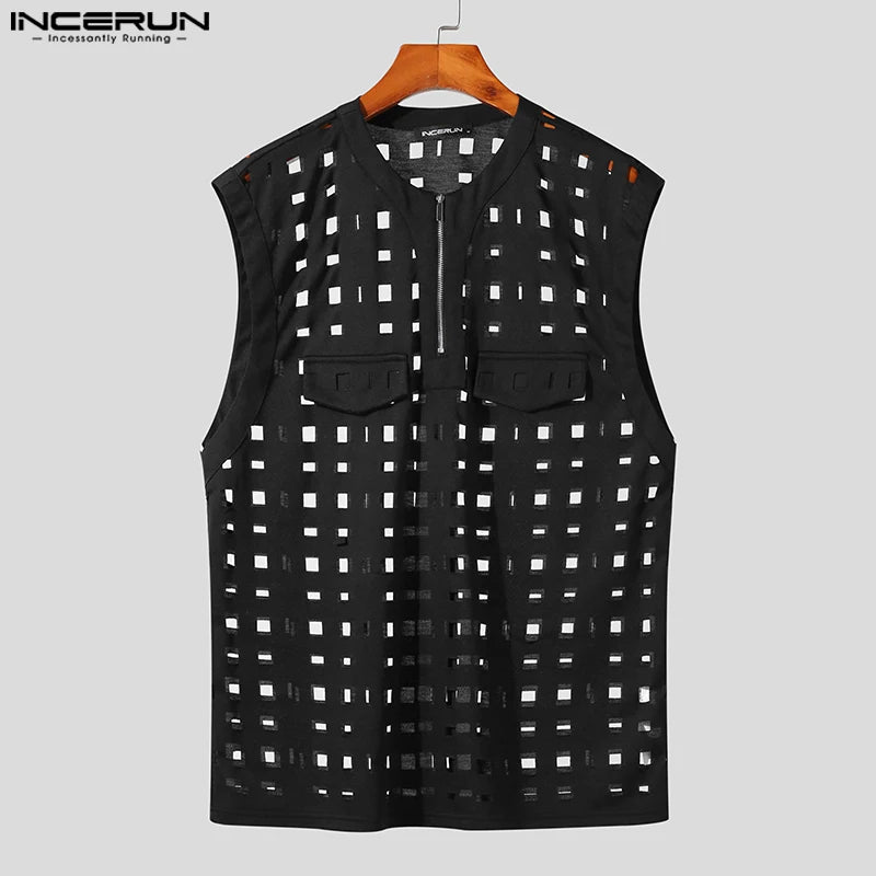 2023 Men Tank Tops Hollow Out Zipper O-neck Sleeveless Streetwear Sexy Casual Vests Korean Fashion Men Clothing S-5XL INCERUN