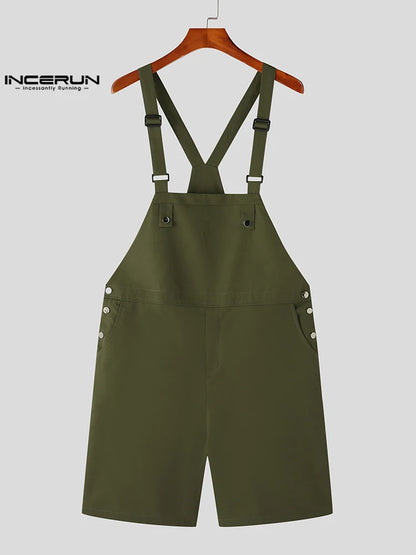 2023 Men Rompers Solid Color Sleeveless Summer Pockets Streetwear Suspender Jumpsuits Fashion Casual Men Overalls Shorts INCERUN