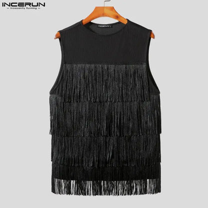 2023 Men Tank Tops Tassel O-neck Sleeveless Summer Streetwear Male Vests Korean Style Fashion Casual Men Clothing S-5XL INCERUN