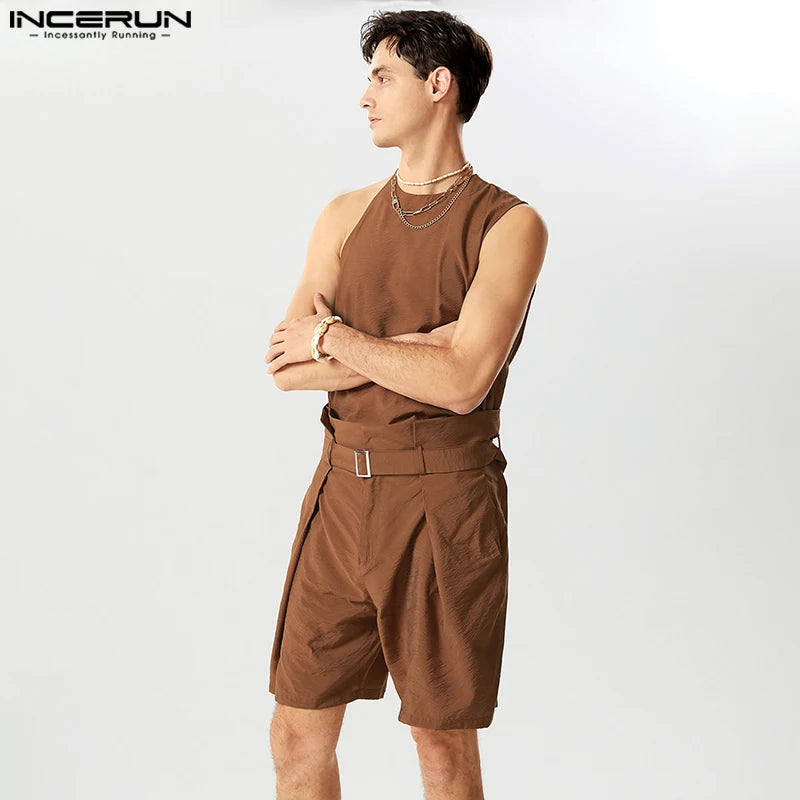 2023 Men Sets Solid Color Loose Streetwear O-neck Sleeveless Irregular Tank Tops & Shorts 2PCS Men's Casual Suits S-5XL INCERUN