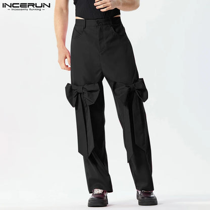 2024 Men Casual Pants Solid Color Joggers Button Bowknot Straight Trousers Men Streetwear Loose Stylish Long Pants S-5XL INCERUN