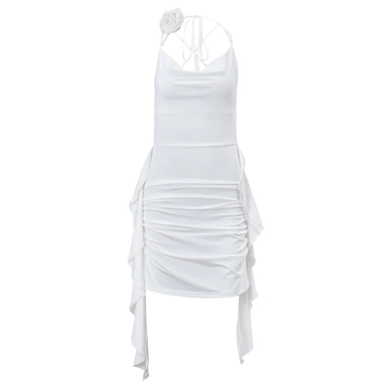 WhereMery elegante suave volantes espalda descubierta Mini Vestido estético verano sin mangas Halter vestidos blancos Sexy Vestido ajustado de corte bajo