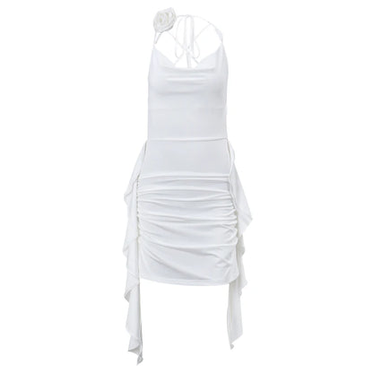 WhereMery elegante suave volantes espalda descubierta Mini Vestido estético verano sin mangas Halter vestidos blancos Sexy Vestido ajustado de corte bajo