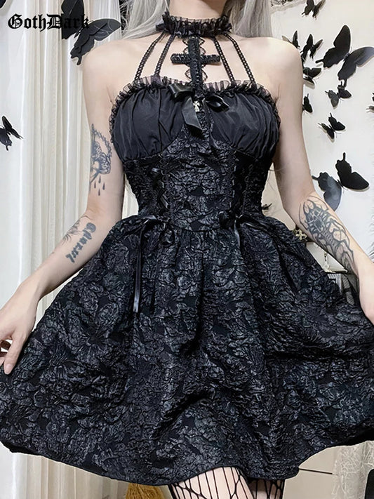 Goth Dark Mall – robe trapèze gothique en Jacquard pour femmes, tenue de soirée élégante, froncée, Grunge, Punk, noire, pour Halloween, Club