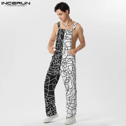 2023 Men Jumpsuits Print Patchwork Sleeveless Streetwear Summer Suspenders Rompers Fashion Male Straps Overalls S-5XL INCERUN