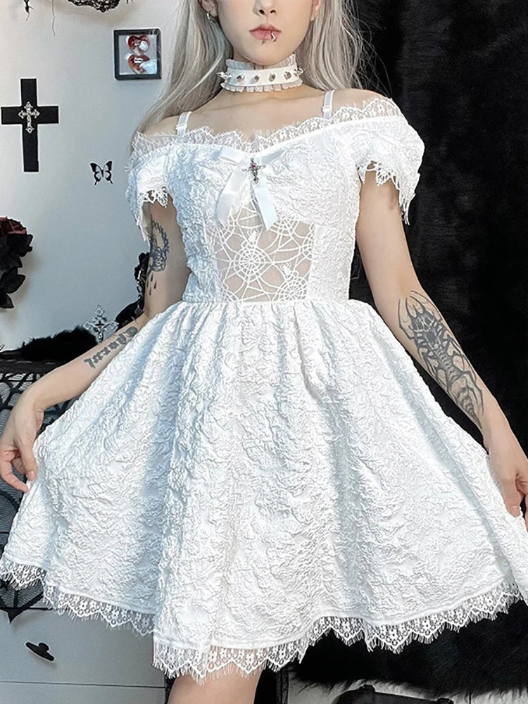 Vestido gótico oscuro de malla gótica transparente para mujer, vestidos sexys de corte a, ropa de fiesta con Bajo de encaje Jacquard Grunge Harajuku, vestido bonito de Lolita para mujer