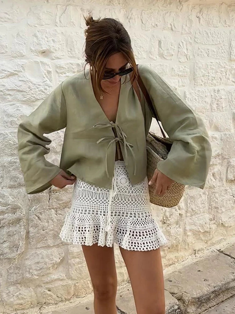 Cotton Linen Lace Up Bow Shirts Women Loose Hollow Out V Neck Long Sleeve Tops Female 2024 Spring New Lady Streetwear Top