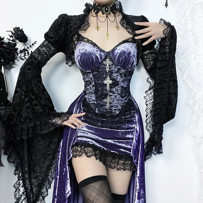 Goth Dark – robe trapèze gothique en velours pour femme, tenue de soirée élégante, Lolita, vêtements de fête, écharpe Grunge, ourlet en dentelle, tissu Alt