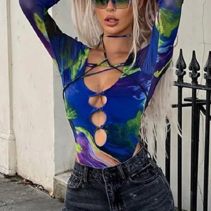 Xeemilo Aesthetic Tie-dye Hollowed Bodysuit Sexy Deep V-neck Bandage Bodycon Bodice 2023 Autumn Party Club Long Sleeve Bodysuits