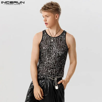 2023 Men Tank Tops Mesh Transparent Printing O-neck Sexy Sleeveless Fashion Vests Fitness Streetwear Shiny Men Clothing INCERUN