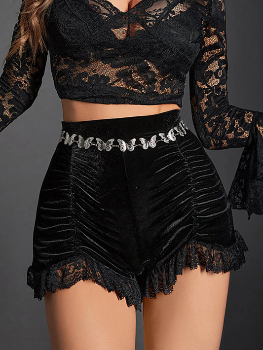 Goth Dark Mall – jupe courte froncée en velours gothique pour femme, jupe Sexy, e-girl Grunge, taille haute, bas slim, ourlet en dentelle, vêtements Alt d'automne