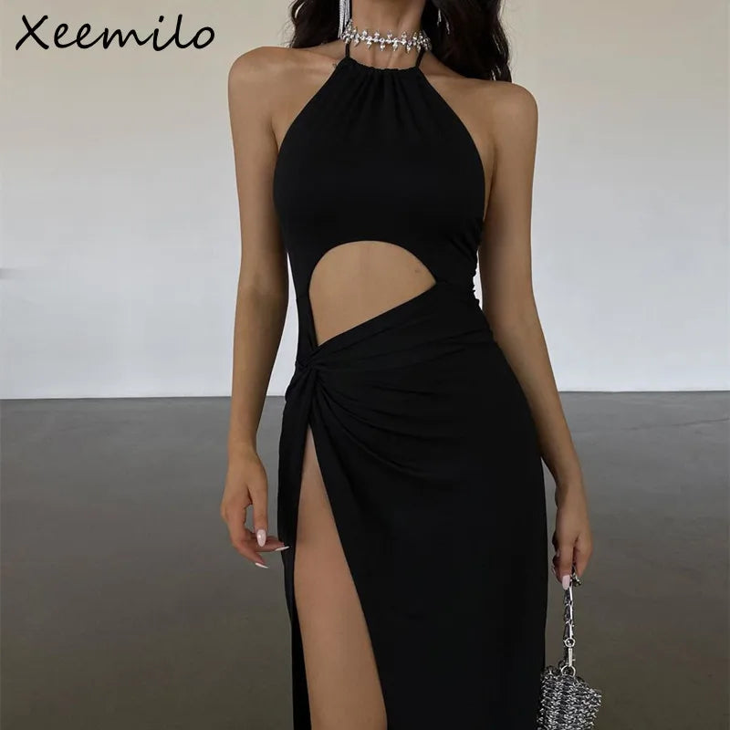 Xeemilo Sexy Prom Party Black Long Dress Elegant Waist Hollow Out High Split Summer Dresses Fashion Backless Lace Up Women Robe