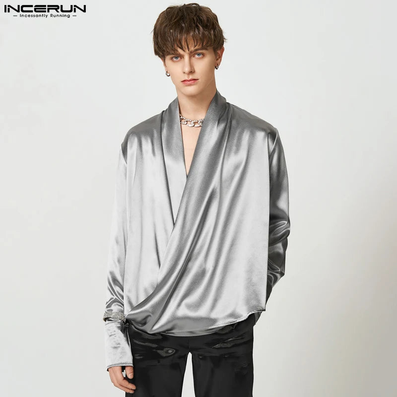 Fashion Men Shirt Solid Color Satin V Neck Long Sleeve Streetwear Loose Camisa 2023 Casual Irregular Male Shirts S-5XL INCERUN 7