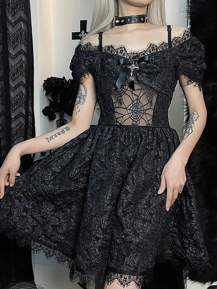 Vestido gótico oscuro de malla gótica transparente para mujer, vestidos sexys de corte a, ropa de fiesta con Bajo de encaje Jacquard Grunge Harajuku, vestido bonito de Lolita para mujer