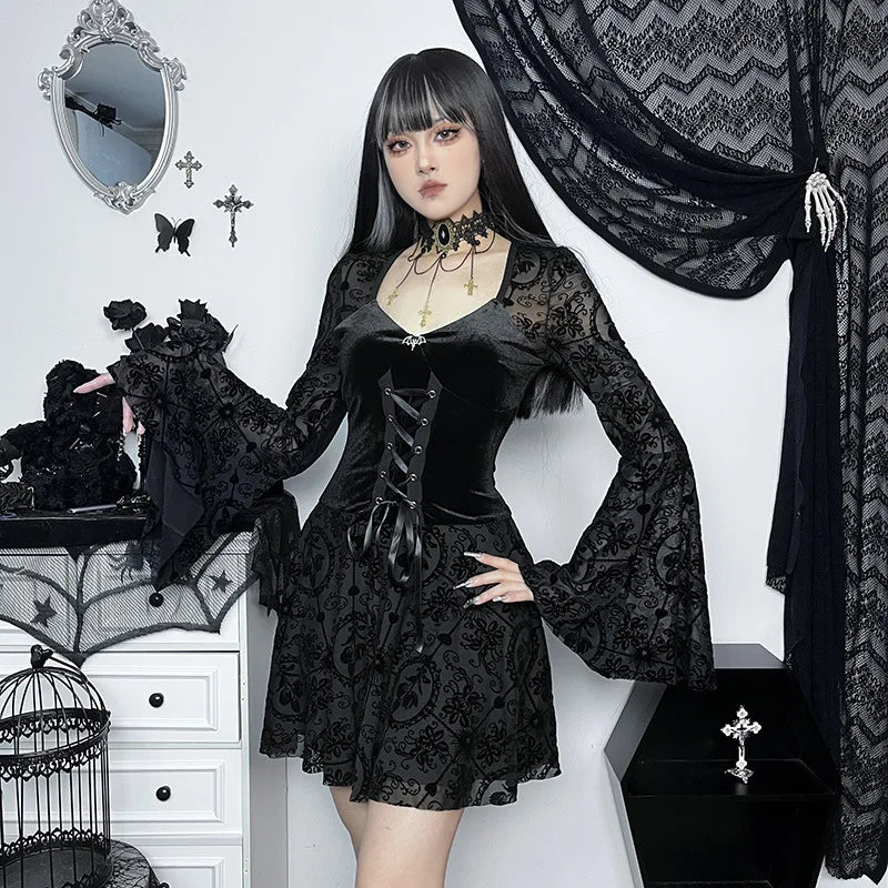 Goth Dark – robe gothique en velours pour femmes, tenue de soirée élégante, Vintage, Style Punk Grunge, à bandes floquées, manches évasées, tenue de soirée Alt