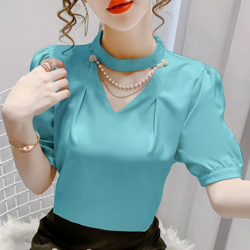 Women Summer Style Blouses Shirts Lady Fashion Casual Puff Short Sleeve O-Neck Solid Pearl Blouses Tops WY0227