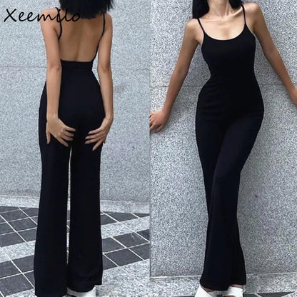 Xeemilo-mono Sexy con tirantes finos y espalda descubierta para mujer, peto ajustado negro, pantalones, monos informales para vacaciones